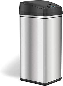 iTouchless 13 Gallon Stainless Steel Automatic Trash Can with Odor-Absorbing Filter and Lid Lock, Sensor Kitchen Garbage Bin, Power by Batteries (not included) or Optional AC Adapter (sold separately)
