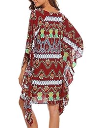 BEAUTYTALK Mujer Bohemia 3 4 Batwing Manga Corbata Vintage Impreso Tipo étnico Vestido de verano