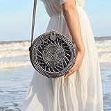 AOLVO Rattan Purse for Women Handwoven Round Rattan Bag Straw Beach Bag with Leather Straps - Black Retro Natural Straw Tote Bag Crossbody Bag Gift for Ladies