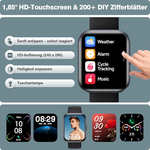 Smartwatch Men Women 1.85 Inch Smart Watch with Phone Function / Whatsapp, Fitness Watch Men with Heart Rate / Sleep Monitor, 10 Day Battery, 3ATM Waterproof Heart Rate Monitor for Samsung / iOS / Android / Alexa