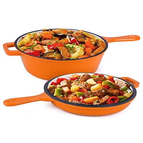 Enameled 2-In-1 Cast Iron Multi-Cooker - Heavy Duty 3.2 Quart Skillet and Lid Set, Versatile Healthy Design, Non-Stick Kitchen Cookware, Use As Dutch Oven Frying Pan (Orange)