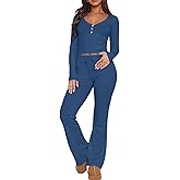 Ezbelle Women's Lounge Sets 2 Piece Outfits Long Sleeve Crop Button Down V Neck Shirt Knit Pajama Pant Fall Clothes