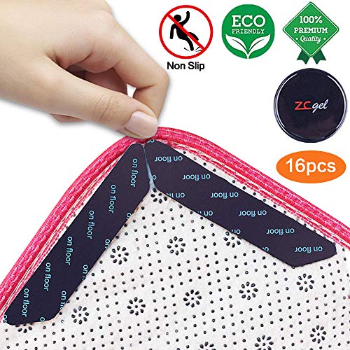 ZC GEL Rug Gripper with Super Stickiness, Upgraded Carpet Gripper Double Sided Anti Curling Non Slip Washable & Reusable Rug Grippers for Hardwood Floors and Area Rugs, Black 16 pcs