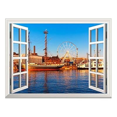 Removable Wall Sticker/Wall Mural - Majestic River View with a Ferris Wheel and Ships | Creative Window View Wall Decor - 36