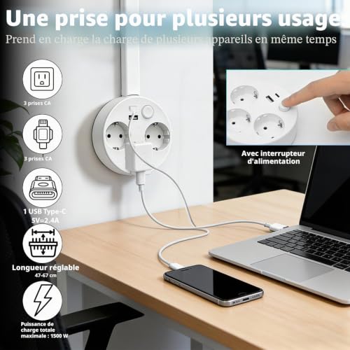 Extending Socket Extension Cord (47-67 cm), Extendable Power Strip with 3 AC Power Ports, 1 USB-C and 1 Typ-C, 360° Swivel Extendable Socket for Kitchen, Living Room, Office, Max Load 1500W