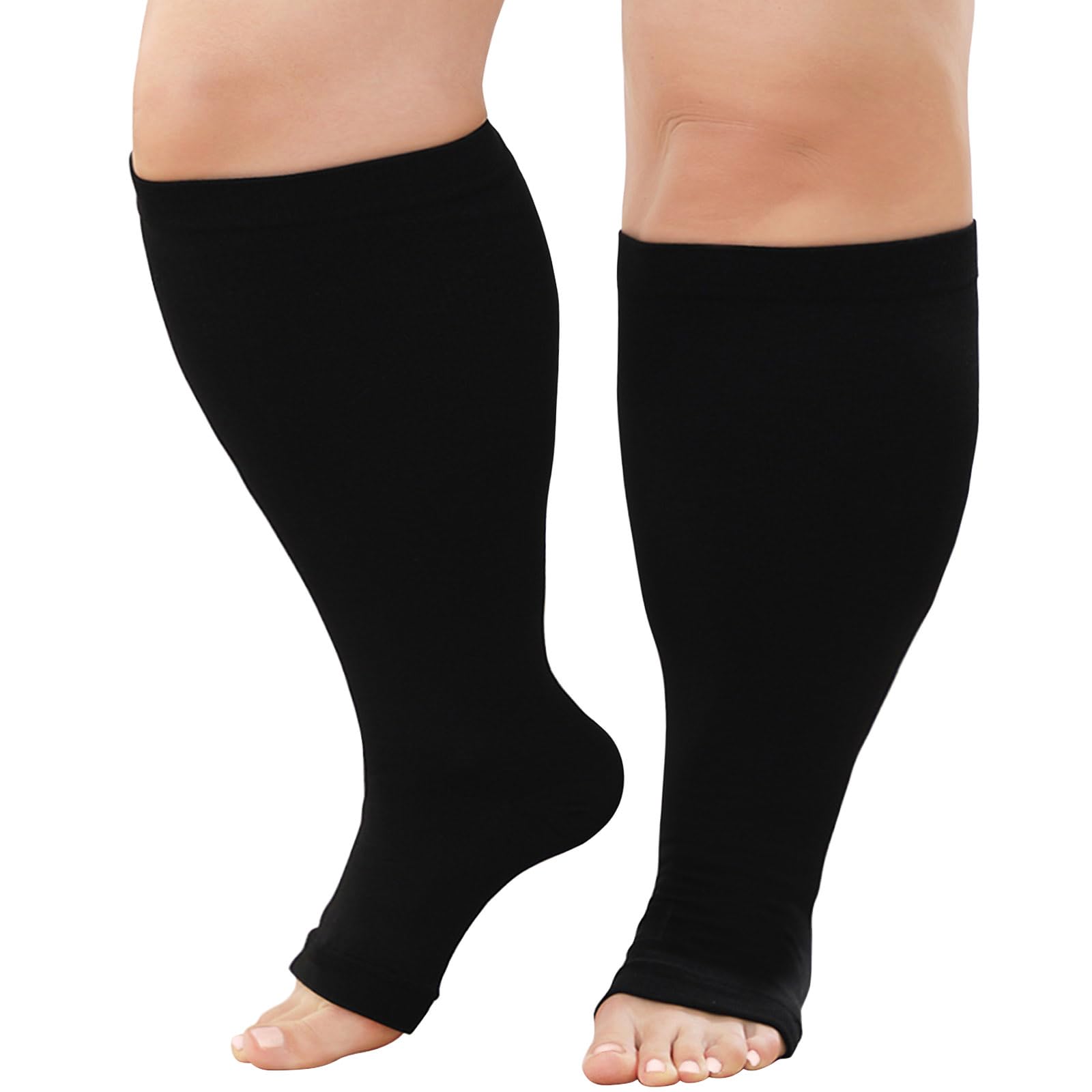 ZFSOCK Plus Size Compression Socks: Men Women Open Toe Graduated Medical Support Stockings Wide Calf Toeless Flight Pressure Socks for Varicose Vein Swollen Legs Pregnancy Nurses Travel 2XL Black