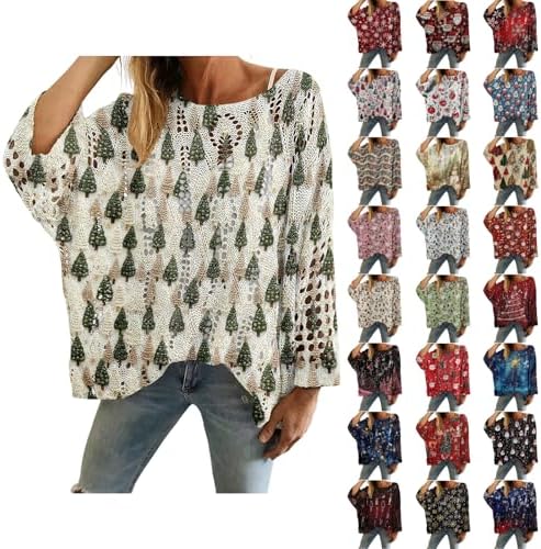Angxiwan Christmas Jumpers Women Christmas Jumpers for Women Plus Size Xmas Print Shirt Fashion Hollow Long Sleeve Blouse Lightweight Crewneck Tunic Tops Womens Sweatshirts A Pink