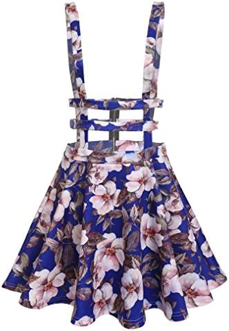 Nagoo Women Casual Hollow Out Floral Pleated Suspender Braces Skirt (M, Blue floral)