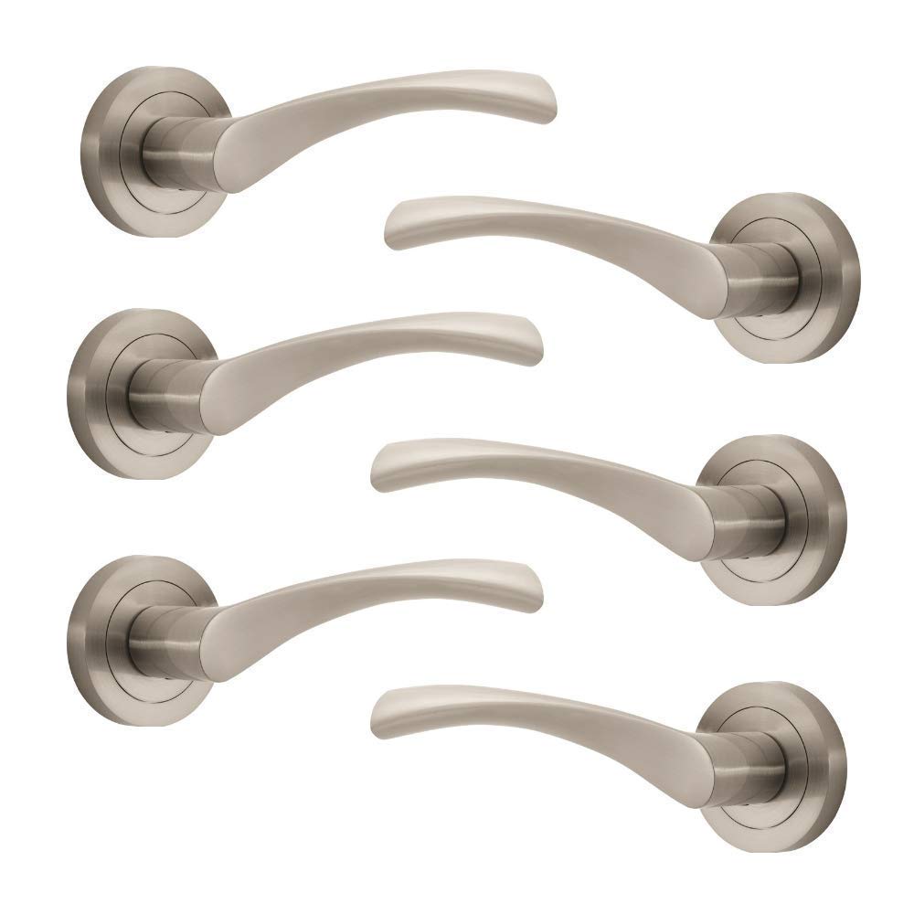 Designer Levers - Marvel Lever on Rose Door Handle - Contemporary Design- Brushed Nickel - 3 Pairs - Fixings Included - Interior Use