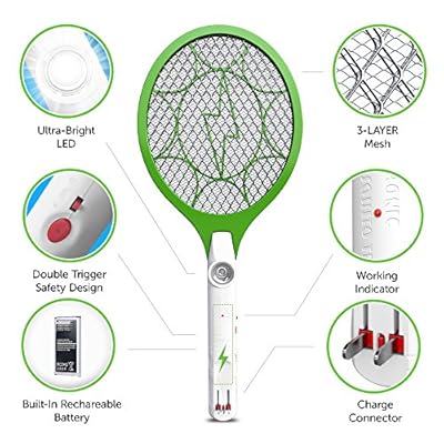 Bug Zapper Rechargeable Racket, Insect Fly Killer, Mosquito Repellent Electric Swatter, Eliminates Most Flying Pests, LED Flashlight, Unique 3-Layer Safety Mesh