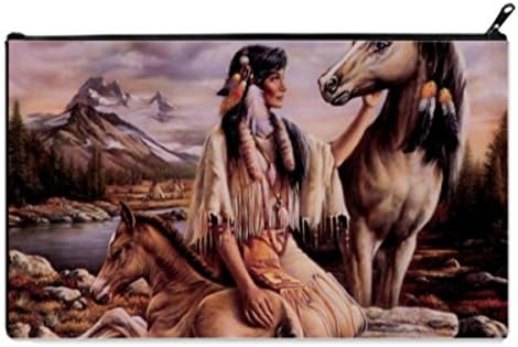 Native American Indian girl and Horses Pencil Case pencil Bag Zipper Clutch Organizer Purse Bag Cosmetic Organizer Toiletry Bag(Twin sides)