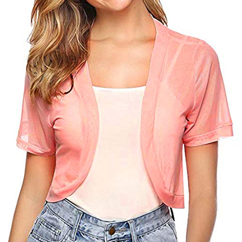 Summer Womens Tops Semi Sheer Short Sleeve Corp T-Shirt Chiffon Solid Basic Shrug Open Front Bolero Cardigan Tops Pink