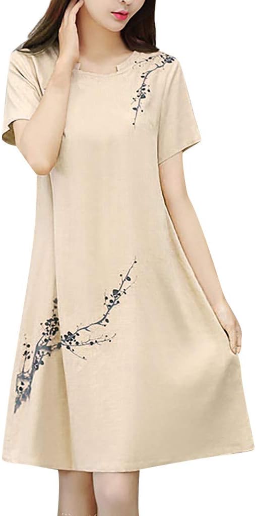 VENMO Women's Vintage Cotton Linen Long Dress Floral Print Loose Short Sleeve O-Neck Solid Color Spring and Summer Large Size Ethnic Casual Patchwork Bohemian Elegant Dresses Beach Party