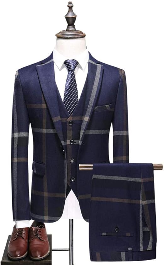 Men's Urban Plaid Suit Jacket Wedding Banquet Slim Suit Jacket 3Piece