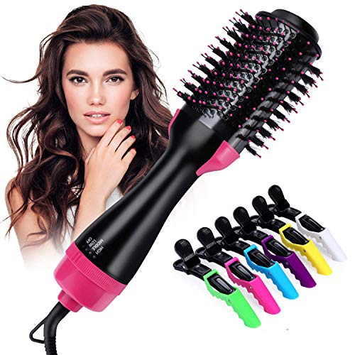 Hot Air Brush,ONME One Step Hair Dryer & Volumizer Multi-functional 3-in-1 Salon Negative Ion Hair Straightener & Curly Hair Comb include 6pcs Plastic Alligator Hair Clips