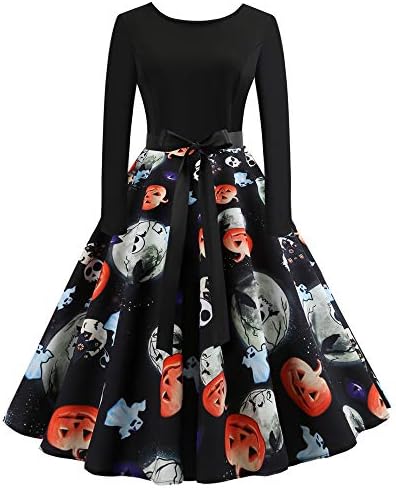 ESAILQ Halloween Women's Long Sleeve O Neck Printing Vintage Gown Party Dress Merry Christmas Dies Nightmare Before Christmas The Nightmare Before Christmas
