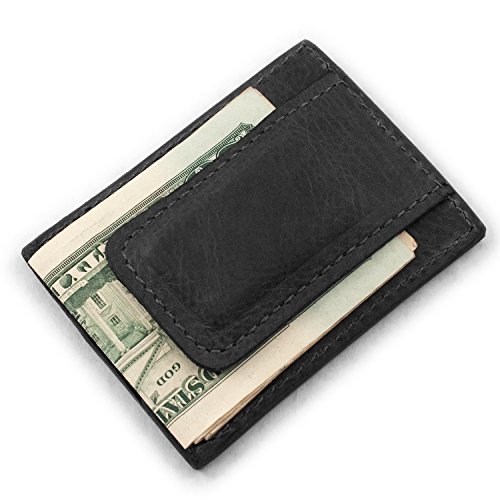 Genuine Bison Buffalo Leather Magnetic Money Clip 3 Card Wallet (Black)