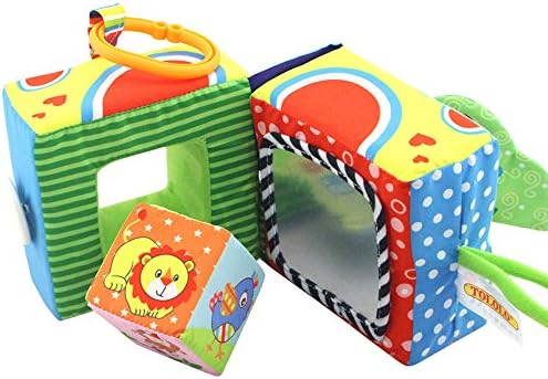 TOLOLO Infant Baby Cloth Soft Animal Rattle Toy; Foam Grab and Stack Building Blocks With Safety Mirror Cubes Toy Set