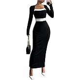 GORGLITTER Women's Long Sleeve Color Block Maxi Dresses Elegant Classy Fall Formal Square Neck Bodycon Long Dress 2025