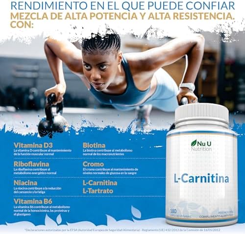 L-Carnitina 2200mg - 180 Cápsulas Veganas de Alta Potencia - Con riboflavina, biotina, cromo, vitamina D, B3 y B6 - Tartrato de L-Carnitina - Fabricado en Europa - Nu U Nutrition
