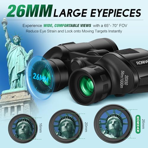 RONHAN 20x50 High Powered Binoculars for Adults, Military Compact HD Professional/Daily Waterproof Binoculars Telescope for Bird Watching Travel Hunting Football Games with Carrying Case&Strap（Black）
