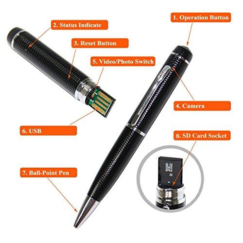 Gadgets Spy Camera Pen Bundle 1080p HD Spy Pen 16GB SD Micro Card + USB Card Reader + 7 Ink Fills + Updated Battery + USB Plug! - Record Executive Multifunction DVR