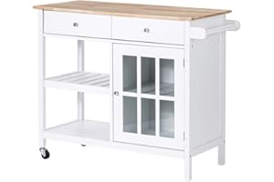 ChooChoo Rolling Kitchen Island, Portable Kitchen Cart Wood Top Kitchen Trolley with Drawers and Glass Door Cabinet, Wine Shelf, Towel Rack, White