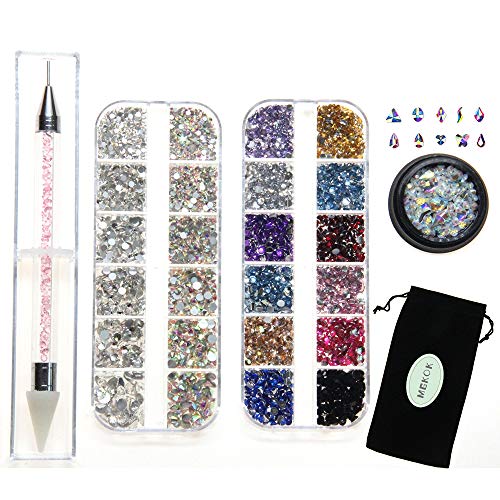 Rhinestone Jewel Pickup Tool,Crystal Studs Wax Pen,Flat Back Rhinestones 6 Size(2-5mm) with Multi Shapes Glass AB Rhinestones for Nails Decoration Crafts Face Art Clothes Shoes Bags DIY-3800 Pcs by MG
