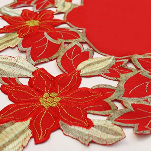 YOSICHY Christmas Embroidered Table Runner Luxury Poinsettia and Holly Table Runner for Xmas Decorations 15x69 Inch (Red) - Thumbnail 3