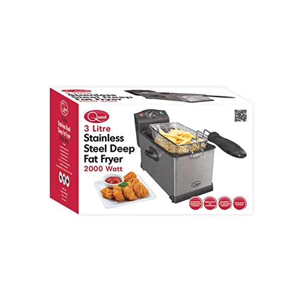 Quest 35140 3 Litre Stainless Steel Deep Fat Fryer / 130-190°C Adjustable Temperature / Lid Cover / Easy Clean Removable…