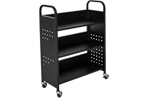 biosp Rolling Book Cart Truck, 270lbs Capacity, 30'' x 13'' x 46'' Library Cart, Single Sided L-Shaped Flat Storage Organizer Bookshelf with Lockable Wheels for Home Office and School, Black