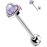 OUFER Tongue Rings Barbell, 14G Internally Threaded Tongue Piercing Jewelry, G23 Solid Titanium Tongue Ring Piercing, Heart Opal Tongue Piercings Barbell For Women