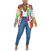 BFFBABY Women's Graphic Print Blazer Button Open Front Lapel Collar Long Sleeve Casual Jacket Multicolored