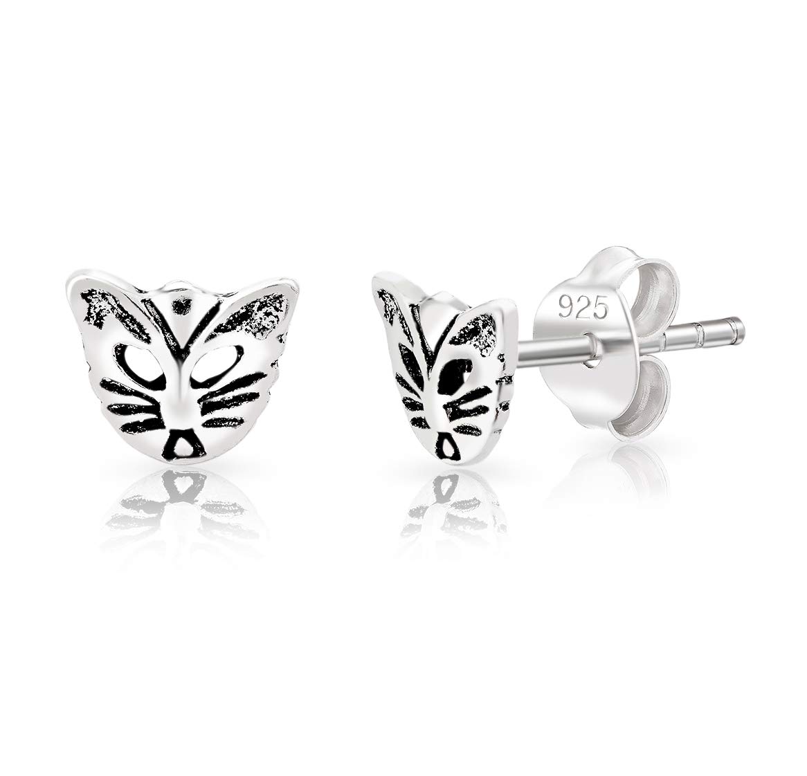DTPsilver® SMALL 925 Sterling Silver Studs Earrings - Oxidised Style Cat Face with Cut out Eyes - Dimensions: 7 x 6 mm
