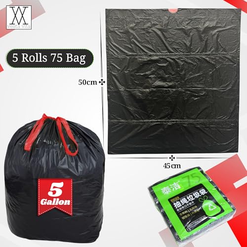 VESTA VITA - 5 Rolls Black Trash bags 75 Pcs for Home and office - 45"50"CM Drawstring Garbage bag with handles - 5 Gallon Garbage bag small for Kitchen and office - Pack of 5 bin bags rolls (Black)