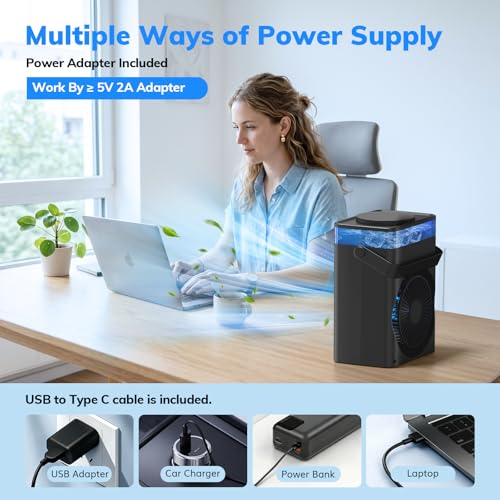 Portable Air Conditioner, Mini Air Conditioner Portable Cooling Fan with Remote Control, 3 Wind Speed & 3 Mist Level & 2-8H Timer Evaporative Air Cooler for Home Office Room, Black