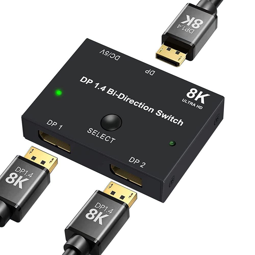 Angusplay DisplayPort Switch 8K Splitter Bidirectional DP 1.4 Switcher 2 In 1 Out/1 in 2 out Supports 8K@30Hz 4K@120Hz Compatible with PC Host Monitor Laptop etc