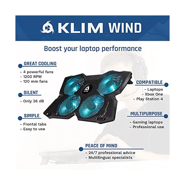 KLIM-Wind-Laptop-Cooling-Pad-The-Most-Powerful-Rapid-Action-Cooling-Fan-Laptop-Stand-with-4-Cooling-Fans-at-1200-RPM-USB-Fan-Compatible-New-2021-Version-Cyan KLIM Wind Laptop Cooling Pad - More than 500 000 units sold - NEW 2023 - The Most Powerful Rapid Action Cooling Fan…