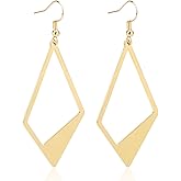 Mikovivi Dangle Earrings for women, 2.2in Geometric Rhombus Dangle Drop Hoop Earrings Copper Trendy Rhombus Leverback Hook with Clear Ear Stoppers Statement Elegant Jewelry