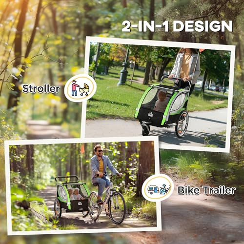 Aosom 2 Seat Bike Trailer for Kids 2-in-1 Double Baby Stroller with Handbrake, Rubber Wheels, 5 Point Harness, Waterproof Cover, Storage Bag, Reflectors