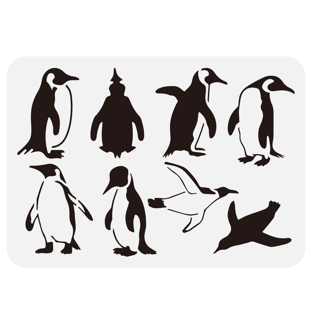 FINGERINSPIRE Eight Penguins Large Stencil 29.7x21cm Antarctic Penguins Stencil Reusable Penguin Animals Pattern Stencil Winter Decoration Templates for Wall Fabric Tiles Floor Paper Furniture Wood