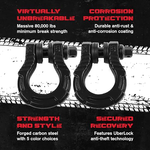 GearAmerica UBER Anti-Theft Lock Shackles (2PK) Black | 36kg (40T) of Force | UBERLock Pin 22mm + Washers | Connect Tow Strap for Off-Road Recovery