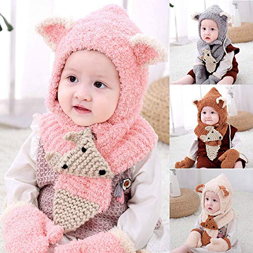 Pausseo Toddler Girls&Boys Baby Winter Crochet Knit Hat Beanie Cap Scarf Gloves Set Solid Color Touchscreen Mittens Fleece Thicken Plush Outdoor Mittens Students Knitted Wool Casual Play Snow