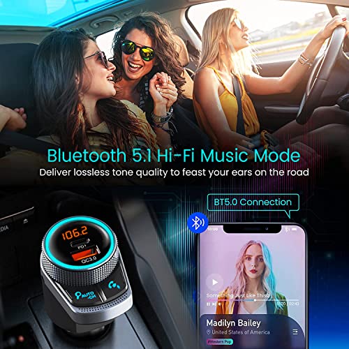 C80 Bluetooth FM Transmitter for Car, Bluetooth 5.0 Car FM Transmitter, MP3 Music Player, Wireless Radio Transmitter Adapter Car Kit, Hands Free Calling, QC3.0 & PD Ports Charger, LED Backlit