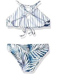 Espléndido conjunto de traje de baño con parte superior cruzada y bikini de cuello alto y traje de baño retro de talla grande para niñas