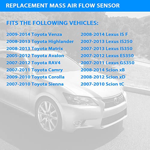 Mass Air Flow Sensor Meter MAF 22204-31020 for Toyota Venza Highlander Matrix Avalon RAV4 Camry Corolla Sienna and Lexus IS F IS250 IS350 ES350 GS350 and Scion xB xD tC,Replace 22204-0H010 22204-31020