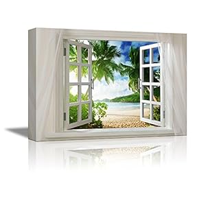 Glimpse into Beautiful Tropical Beach with Palm Trees Out of Open Window - Canvas Art Wall Art - 24" x 36"