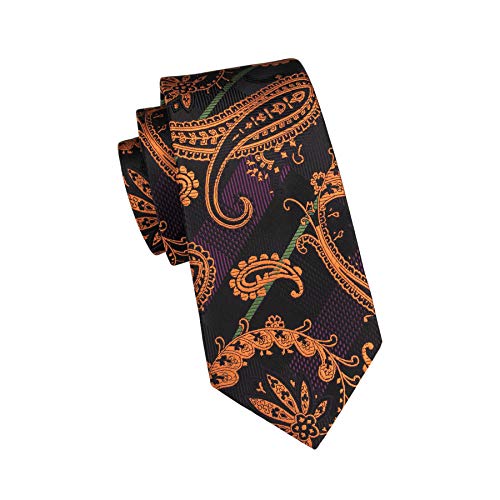 YOHOWA Mens Orange Black Silk Tie Pocket Square Paisley Necktie Cufflinks Set - Thumbnail 2