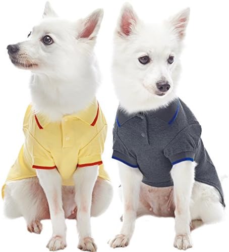 Blueberry Pet Pack of 2 Back to Basic Cotton Blend Dog Polo Shirts in Yellow and Smart Grey, Back Length 10", Clothes for Dogs