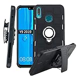 Lantier High Impact 3 Layer Hybrid Full Shockproof Armor Rugged Holster Protection Case with Kickstand Magnet 360 Degree Rotating Ring Belt Swivel Clip for Huawei Y9 2019 Black